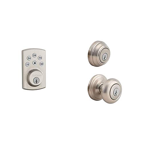 Kwikset 99070-101 Powerbolt 2 Door Lock Single Cylinder Electronic Keyless Entry Deadbolt Featuring SmartKey Security & Juno Keyed Entry Door Knob and Single Cylinder Deadbolt Combo Pack