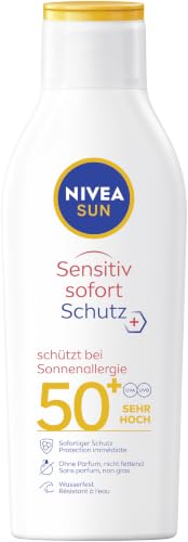 NIVEA SUN Sensitiv Sofortschutz Sonnenlotion LSF 50+ Sonnencreme mit LSF 50+ für empfindliche Haut wasserfester & parfümfreier Sonnenschutz bei Sonnenallergie (200 ml)