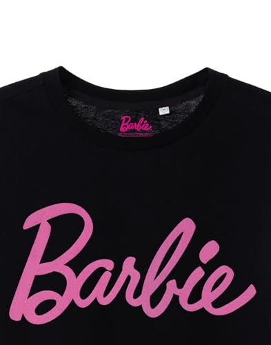 Barbie T-shirt de manga curta com logótipo clássico rosa das mulheres em preto | marca icónica top d