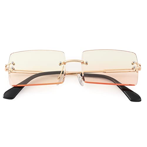Hycredi Rectangle Sunglasses for Men/Women Small Rimless Square Shade Eyewear (Yellow Pink)