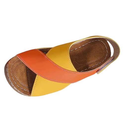 Image of Open Toe Orthopedic Sandals for Women with Back Strap,Ladies Patchwork Slingback Wedge Sliders Ankle Strap Casual Summer Arch Support Comfy Walking Sandal with Touch Fastening Size 7.5 Orange-Yellow