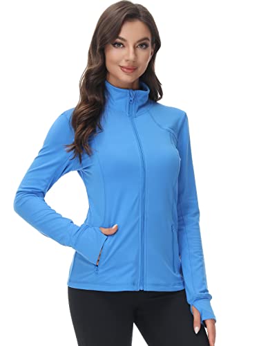 Cozziplus Women Zip Up Athletic Running Jacket Lightweight Workout Yoga Top With Thumb Holes And Pocket (Blue, M) #TOP18