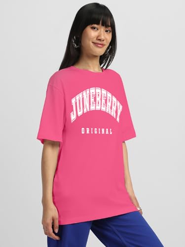 Image of JUNEBERRY Pure Cotton Oversized Drop Shoulder Brand Logo Typography Print Round-Neck Baggy Fit T-Shirt for Women (Available in Navy, Green & Pink Colors)