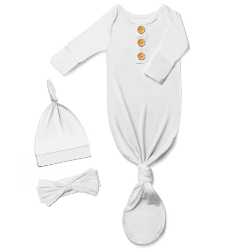 Soft Newborn Knotted Gown with Hairband and Hat, Baby Boy Girl Coming Home Outfit, Sleeper Baby Sleep Gown with Mittens
