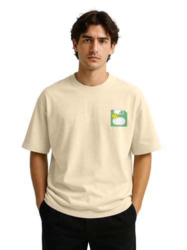 Image of Veirdo Men's Cotton Loose Oversize Baggy Fit Drop Shoulder Cool and Stylish Pocket Floppy Print Design Half Sleeve Beige T-Shirt