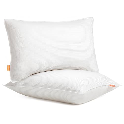 SONGMICS HOME Bed Pillows Queen Size Set of 2, Down Alternative Hotel Pillow, Skin Friendly Viscose Cooling Seersucker Cover, for Back, Stomach, Side Sleepers,White UTBP032W01