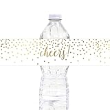Andaz Press Metallic Gold Confetti Polka Dots, Wedding Water Bottle Labels Stickers, Cheers!, 20-Pack Cheer Stickers Water Bottle Wraps Birthday Water Bottle Labels Bridal Shower Water Bottle Labels