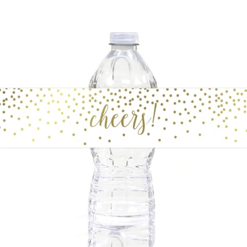 Andaz Press Metallic Gold Confetti Polka Dots, Wedding Water Bottle Labels Stickers, Cheers!, 20-Pack Cheer Stickers Water Bottle Wraps Birthday Water Bottle Labels Bridal Shower Water Bottle Labels