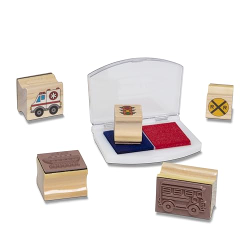 Image of Melissa & Doug Deluxe Wooden Stamp and Coloring Set - Vehicles (30 Stamps, 6 Markers, 2 Durable 2-Color Stamp Pads)