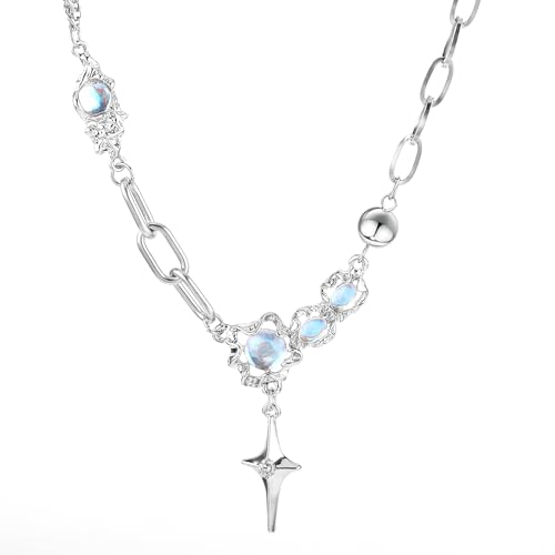 Silver Y2k Star Pendant Necklace Rhinestone Moonstone Irregular Necklace Adjustable Grunge Jewelry Gifts Accessories for Women Aesthetic Star Necklace