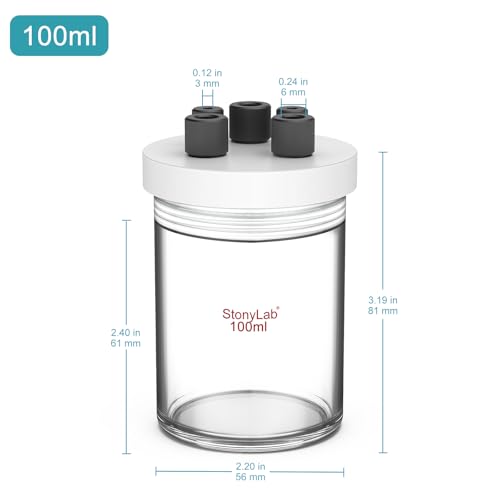 stonylab Single Chamber Electrolytic Cell, Borosilicate Glass Sealed Electrolytic Cell Electrochemical Cell Kit Reactor Electrolyzer with 5-Hole PTFE Lid, No Electrode Included, 100 ml