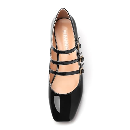 Womens Closed Square Toe Low Chunky Heels for Women Ladies Patent Leather Three Strap Mary Jane Pumps Wedding Party Office Dress Shoes3