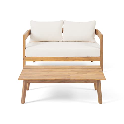 Christopher Knight Home Alina Outdoor Loveseat Set with Coffee Table, 29.50´´ D x 52.00´´ W x 31.50´´ H, Teak Finish, Beige