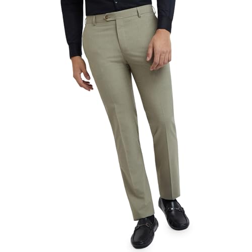 Image of Raymond Men's Slim Fit Mid Rise Solid Pattern Poly Viscose Blend Flat Front Formal Trouser