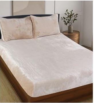 D IMPORTSD IMPORTS Velvet Warm Winter Solid Flannel Elastic Fitted Bedsheets for Double Bed King Size 90x100 inches with 2 Pillow Covers |190TC Double Bed Warm Bedsheet with Elastic (Beige/Golden)