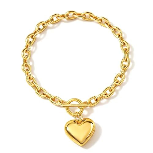 IOQCZQOI Chunky Gold Heart Charm Bracelet for Women, 18K Gold