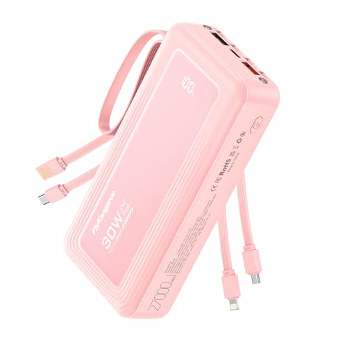 FlyKangaroo Banco de energía con cables integrados, 27000 mAh, 22,5 W, carga rápida, pantalla LED USB-C, cargador portátil con 6 salidas y 2 entradas para iPhone, Samsung, Pixel, LG, Moto, color rosa