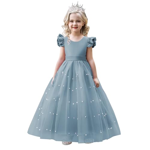 Flower Girl Dress Flying Sleeve Girls Pageant Dresses Pearls Tulle First Communion Dress V-Back Wedding Formal Ball Gown with Bow, Dusty Blue 4