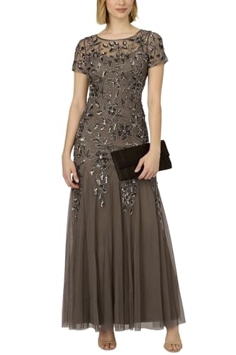 Adrianna Papell Women's Floral Beaded Godet Gown | Long Formal Gown with Delicate Floral Beading & Gently Pleated Skirt, Lead, 10