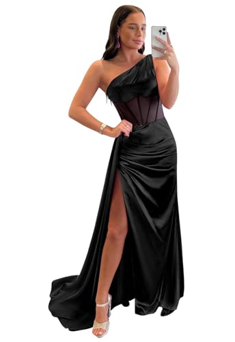 One Shoulder Prom Dress 2024 Mermaid Satin Bridesmaid Dresses for Wedding High Slit Formal Evening Gowns