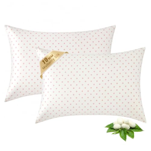 Image of THXSILK Set of 2 Mulberry Silk Pillowcase for Hair and Skin, Cooling Bed Pillow Cover with Hidden Zipper, Soft Smooth Print Silk Pillowcase Gifts for Women Men (Queen 20 inchx30 inch, Pink White Polka Dot)