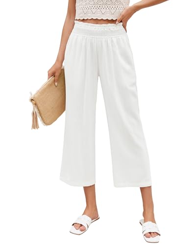 LookbookStore Linen Pants Women Capri Wide Leg High Wasited Pull On Elasitc Waist Summer Beach Palazzo Capris Pants