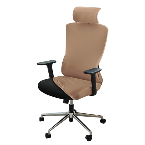 Image of HOKIPO 'SereneSolids' 140 GSM Office Chair Cover with Headrest (High-Back) - Stretchable Fabric - Washable, Anti-Slip Fit for Ergonomic Mesh Office Chairs, Dark Camel (AR-5369-DCML)