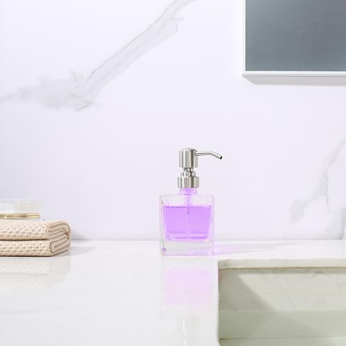 Image of Square Bathroom Soap Dispenser Brushed Nickel, Glass Bottles with Stainless Steel Pump Cube Liquid Soap Dispenser Hand Kitchen