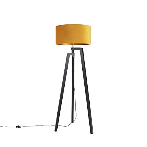 Qazqa - Floor lamp Tripod Black with Yellow Shade and Gold 50 cm - Puros- - Country I Rustic - Suitable for LED E27 | 1 Light - Wood Floor lamp - Suitable for Living Room I Bedroom I