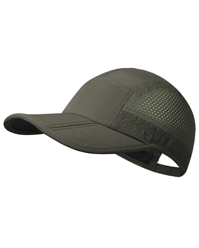 GADIEMKENSD Mens Folding Running Hat Long Brim Golf Hats Quick Dry Baseball Caps Unstructured Breathable Light UPF 50 Cooling Cap for Outdoor Sport Hiking Workout Gym Tennis Travel Army Green