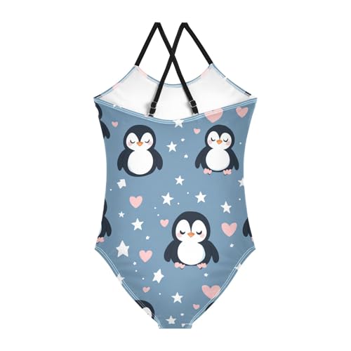 Cute Penguins Girls One Piece Swimsuits Pink Hearts Stars Sport Halter Swimwear Beach Bathing Suit 3T2