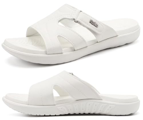 KuaiLu Womens Fashion Orthotic Slides Ladies Lightweight Athletic Yoga Mat Walking Sandals Slip On Thick Cushion Recovery Slippers Sandles Comfortable Plantar Fasciitis Arch Support White Size 7