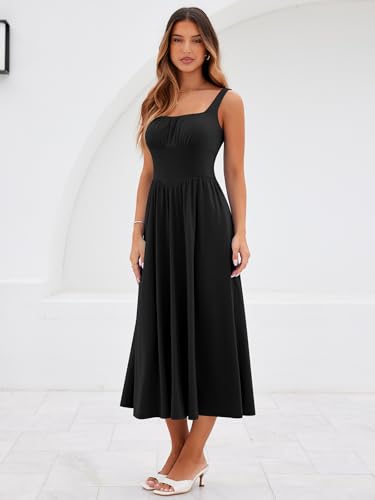 Image of YATHON Women's Summer Floral Midi Dress Casual Square Neck Flowy Wedding Guest Dresses Beach Vacation Sundress with Pocket