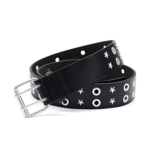 Yokawe Star Punk Belt Black Double Grommet PU Leather Buckle Vintage Punk Rock Jeans Belts for Women and Men - Main Image