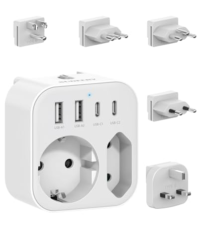 Reiseadapter Weltweit, Internationale steckdosenadapter, Universal Reisestecker mit USB C, Travel Adapter für USA UK Europa Italien Schweiz (5 Plug)