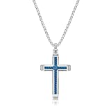 Metro Jewelry 0.02 Carat Blue Diamond Cross Pendant Necklace for Men in Stainless Steel with Blue Ion Plating on 24 Inches Long Box Chain