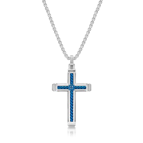 Metro Jewelry 0.02 Carat Black Diamond Cross Pendant Necklace for Men in Stainless Steel with Blue or Black Ion Plating on 24 Inch Chain