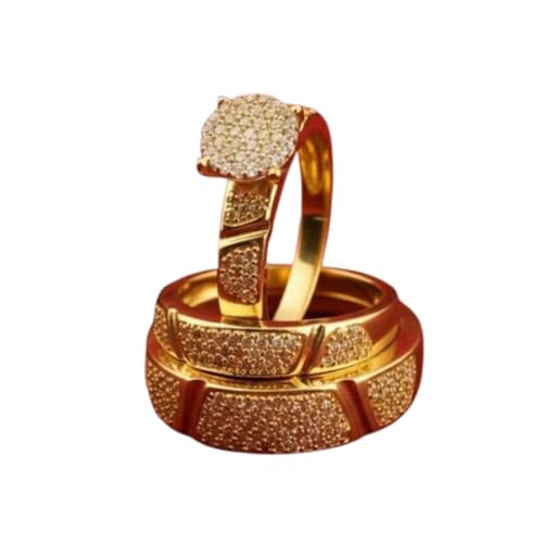 SILVERIST 14K Gold Plated Round Diamond Studded Couple Ring Set Luxury Bridal Engagement Wedding Rings For Men and Women 925 Sterling Silver Handmade Beautiful 3 Piece Valentine Jewelry For Couple