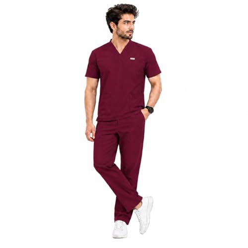 Image of Unisex Medical Scrub Suit Set, V-Neck Top with Pants, Short Sleeve, Polyester Cotton Blend, 7 Pockets, Regular Fit, Hospital Doctor Nurse Uniform