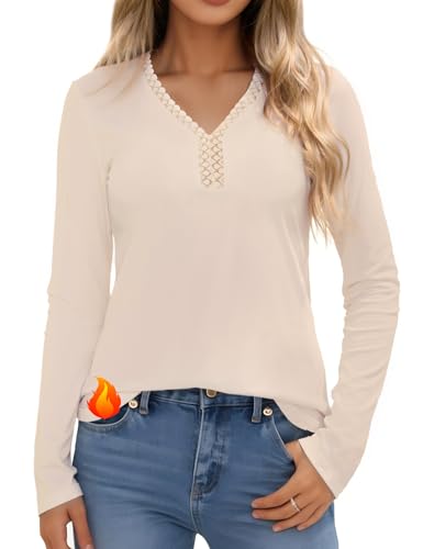 Crewhpo Haut Thermique Femme avec Dentelle Col V T Shirt Thermiques Cotton à Manches Longues sous Pull Hiver Chaud Tee Shirt Thermolactyl Casual Couleur Unie Abricot L