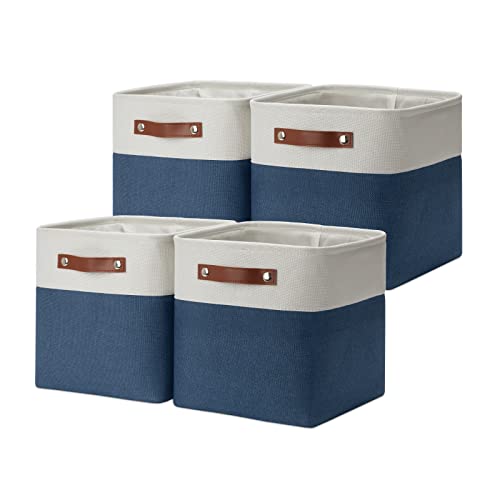 DULLEMELO [Set of 4] Storage Cubes Baskets for Organizing, 11 x 11 x 11 inch Cube Storage Organizer Bins with Leather Handles, Foldable Fabric Cloth Bins for Cube Storage(4 Pack - 11" White&Blue)