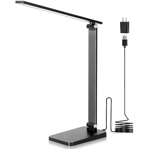 LED Desk Lamp for Home Office, 3 Levels Dimmable Desk Light with USB Charging Port, Small Study Lamp, Reading Light for Table, Black, 5000K Cover