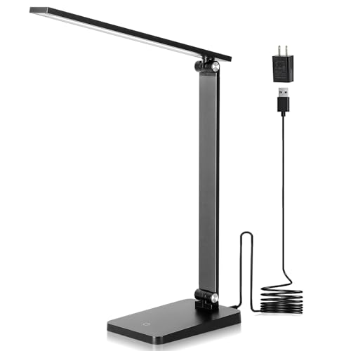LED Desk Lamp for Home Office, 3 Levels Dimmable Desk Light with USB Charging Port, Small Study Lamp, Reading Light for Table, Black, 5000K