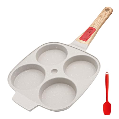 Bobikuke Sartén Tortitas con Mango Extraíble, Sartén Huevos Poche de 4 Agujeros Sartén Antiadherente de Aluminio para Desayuno Huevos Fritos Panqueques - Blanco