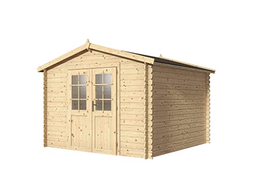 Woodtex Holz Gartenhaus Blockbohlenhaus CA2875 Houston | Wandstärke 28 mm | Naturbelassen | BxTxH: 310 x 298 x 226 cm | Doppeltür mit Echtglas | Sockelmaß: 280 x 280 cm | Satteldach