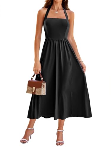 Sureple Long Summer Dresses for Women Sleeveless Halter Square Neck Modest Fit and Flare Dress with Pockets(SP640-Black-XL)