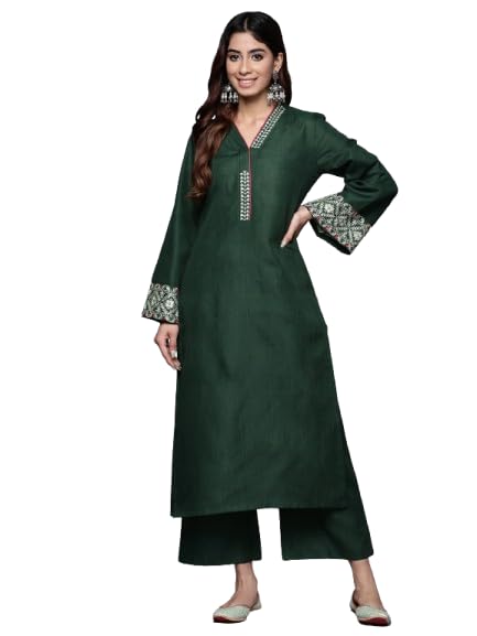 Varanga Women Green Embroidered Kurta With Long & Flared Sleeves, Tonal Bottom, Intricate Embroidery For A Chic & Comfortable Look