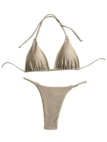 SHENHE Women's Sexy Halter String Bikini Set Halter Triangle 2 Piece Brazilian Thong Swimsuits Khaki Small