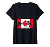 donna canadese bandiera giocatore di hockey canada maple leaf pattinaggio su ghiaccio maglietta con collo a v