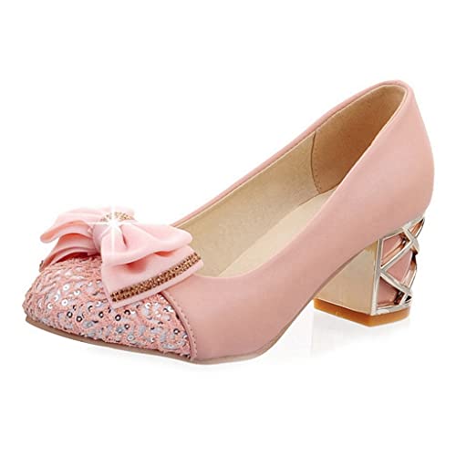 MIOKE Women's Fashion Bowknot Chunky Block Heel Pumps Pointed Toe Sequins Slip-On Comfort Party Dress Shoes